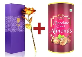 045 879 Effete Festival Gift Combo - Chocolate Coated Roasted Almond 96gm with Golden Rose 10 INCHES with Carry Bag