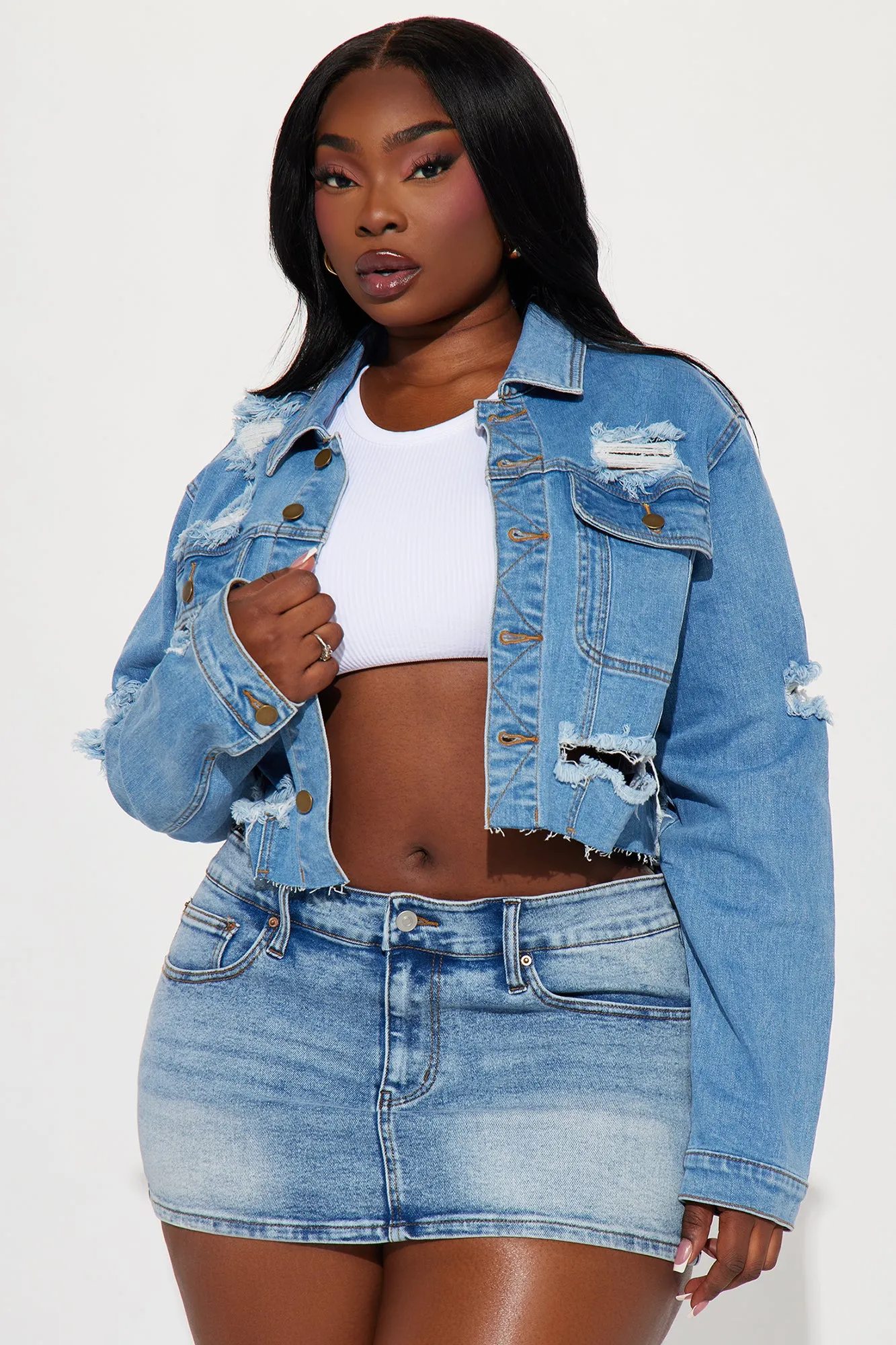 All Torn Up Crop Denim Jacket - Medium Wash