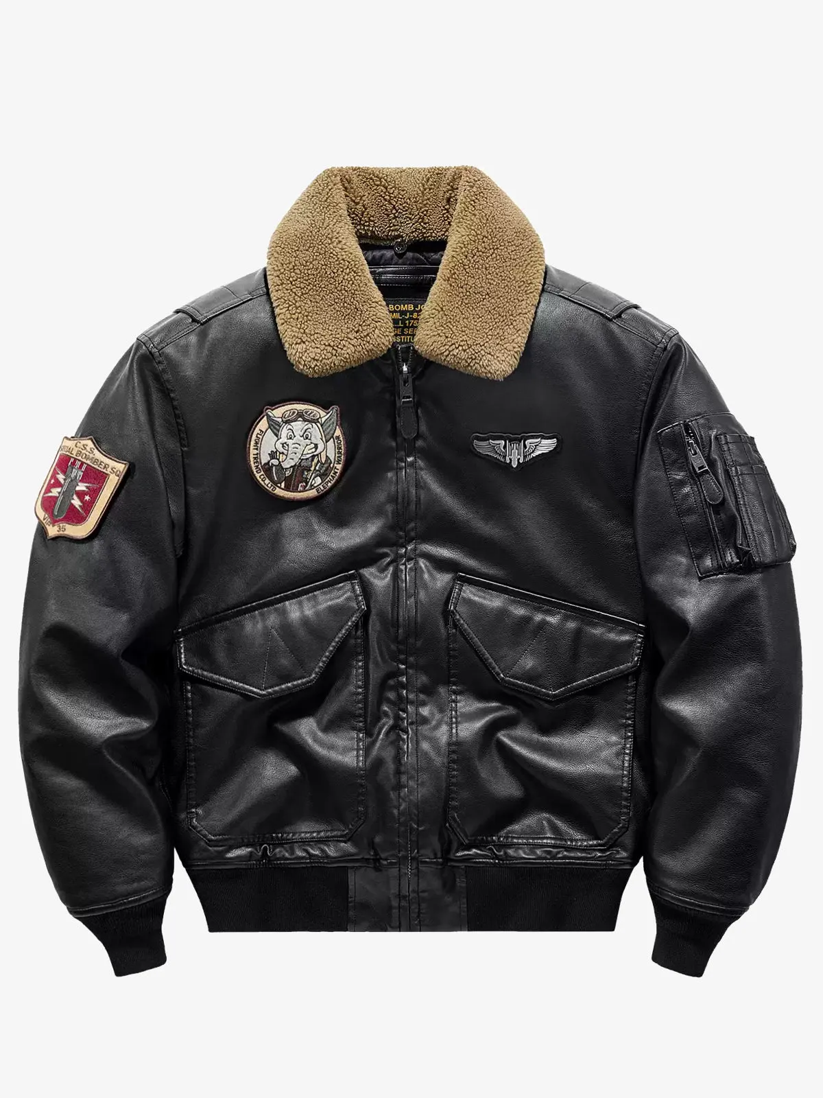 B-15 Lapel Collared Leather Bomber Jacket