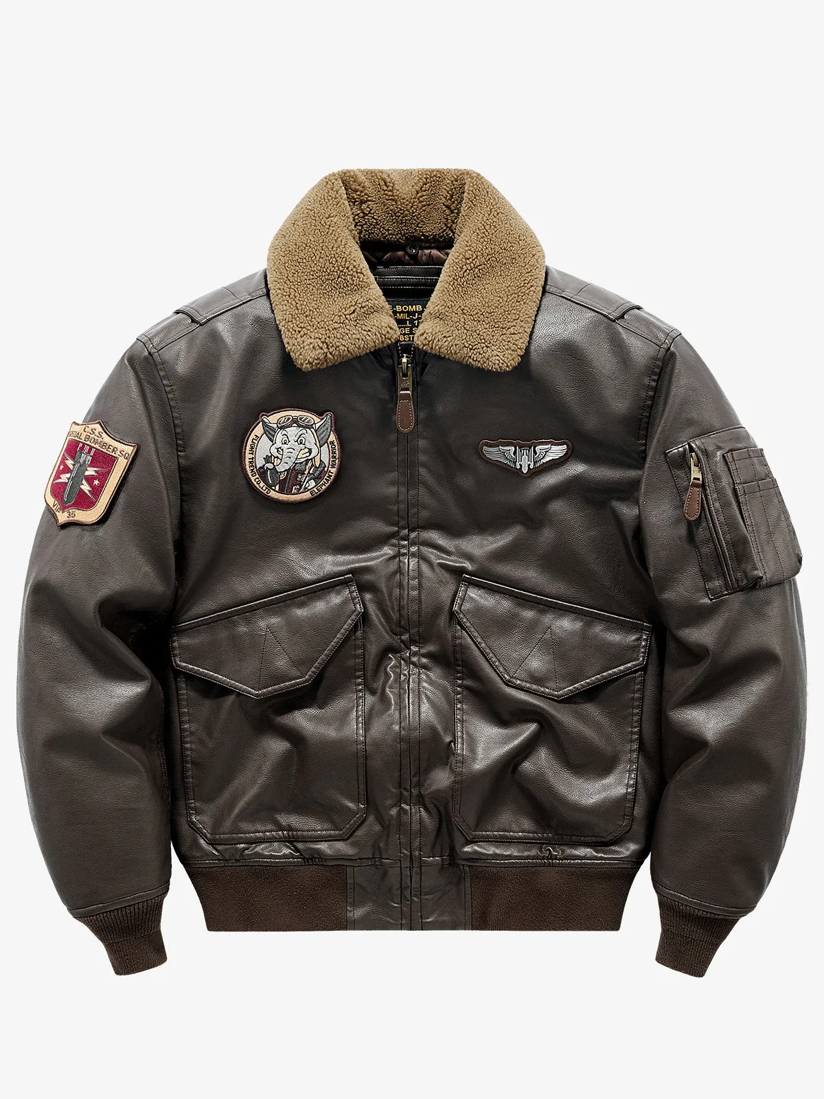 B-15 Lapel Collared Leather Bomber Jacket