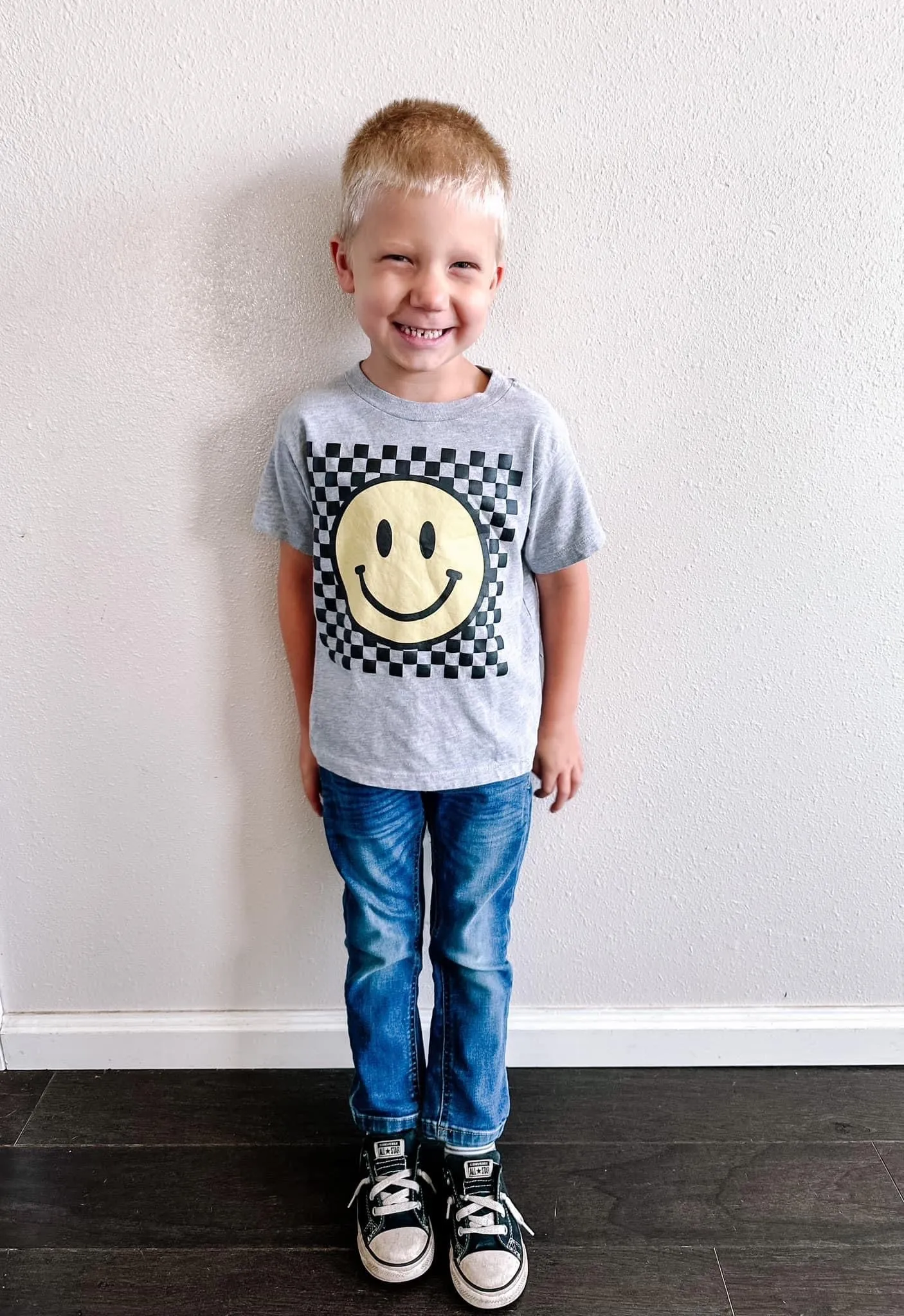 Big Yellow Checker Smiley (Front) w/ I am Strong Smart Kind Brave Bold (Back) - Short Sleeve Child Shirt