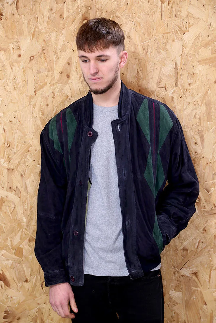 Black Panelled Suede Bomber Jacket