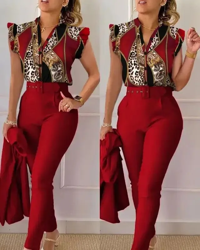 Chic Floral V-neck Shirt & Trousers Set