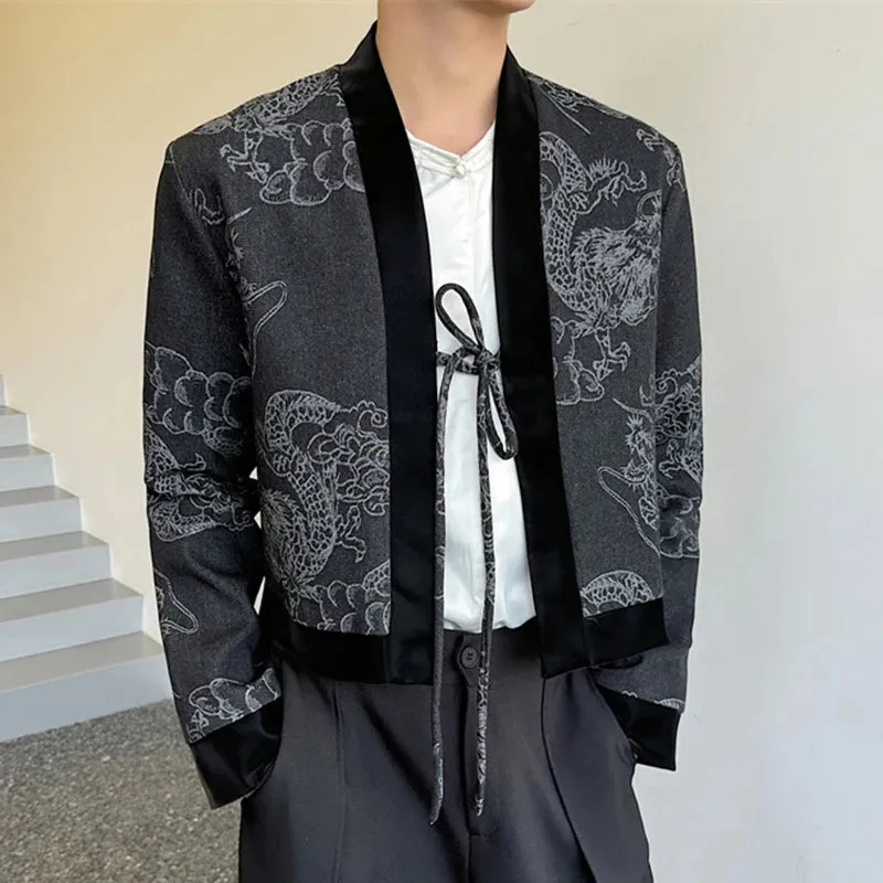 Chinese Style Men's Short Denim Jacket Jacquard Mosaic Dragon Pattern Lace-up Male Long Sleeve Vintage Menwear 9C6958