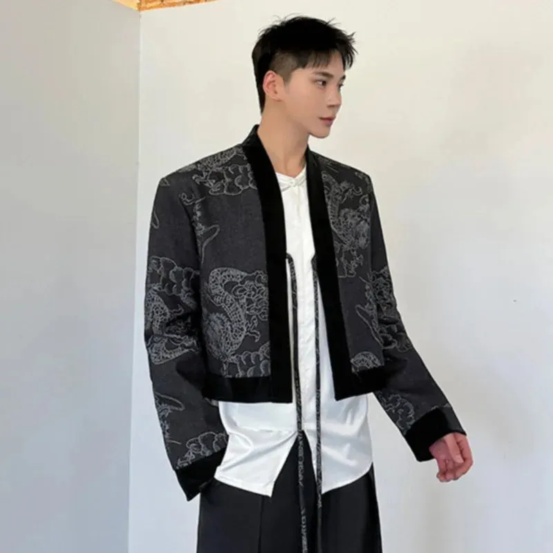 Chinese Style Men's Short Denim Jacket Jacquard Mosaic Dragon Pattern Lace-up Male Long Sleeve Vintage Menwear 9C6958