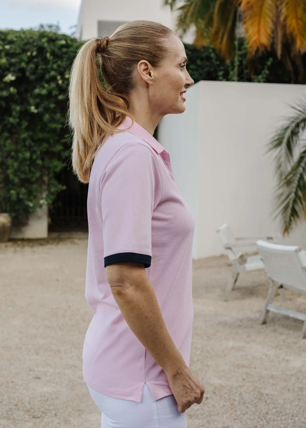 Cotton Contrast Trim Polo Pale Pink/Navy