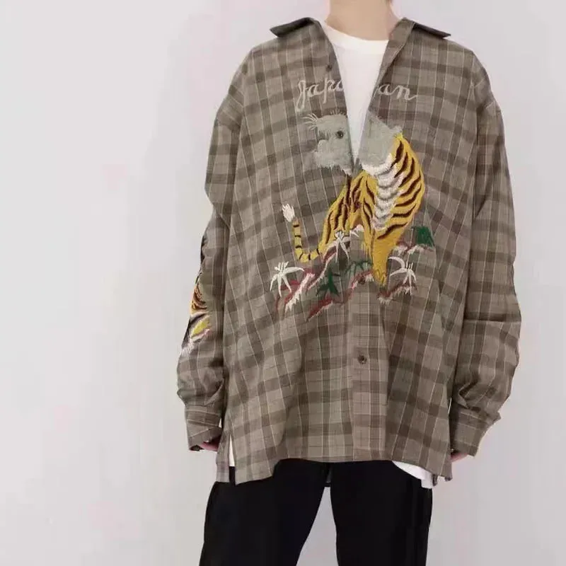 Japanese Retro Washed Tiger Embroidery Khaki Plaid Casual Shirt Jacket