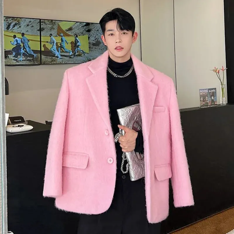 Korean Chic Male Woolen Jacket Fashion Lapel Single Breasted Pocket Coat Autumn Winter Casual Men Clothing Pink 9C2886