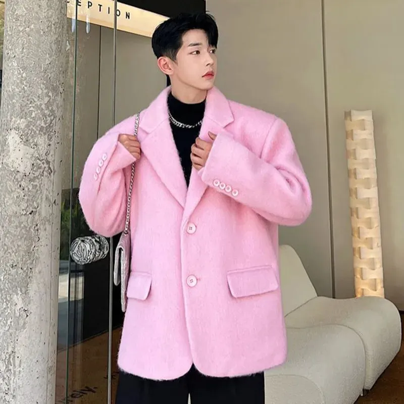 Korean Chic Male Woolen Jacket Fashion Lapel Single Breasted Pocket Coat Autumn Winter Casual Men Clothing Pink 9C2886