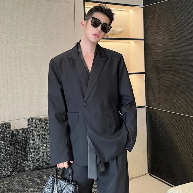 Korean Version Suit Jacket Men's Blazer Double Breasted Handsome Men's Wear Solid Color V-nek Male Clothing Loose 9C6972