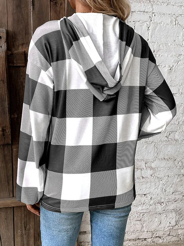 Long Sleeves Loose Buttoned Elasticity Plaid Split-Joint Hoodies Tops