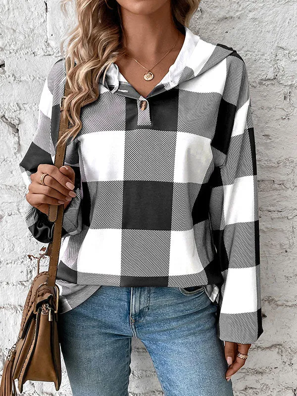 Long Sleeves Loose Buttoned Elasticity Plaid Split-Joint Hoodies Tops