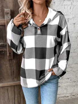 Long Sleeves Loose Buttoned Elasticity Plaid Split-Joint Hoodies Tops