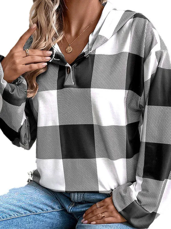 Long Sleeves Loose Buttoned Elasticity Plaid Split-Joint Hoodies Tops