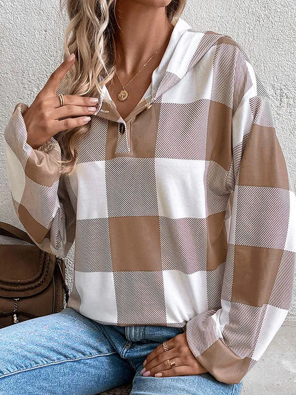 Long Sleeves Loose Buttoned Elasticity Plaid Split-Joint Hoodies Tops