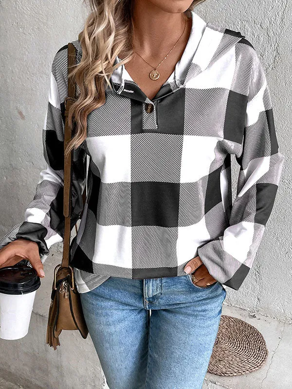 Long Sleeves Loose Buttoned Elasticity Plaid Split-Joint Hoodies Tops