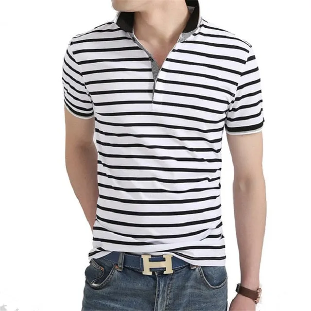 Men Polo Shirt 2019 Summer Men Business Casual Breathable White Striped Short Sleeve Polo Shirt Pure Cotton Work Clothes Polos