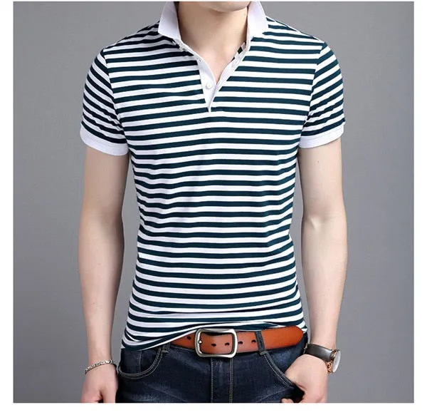 Men Polo Shirt 2019 Summer Men Business Casual Breathable White Striped Short Sleeve Polo Shirt Pure Cotton Work Clothes Polos