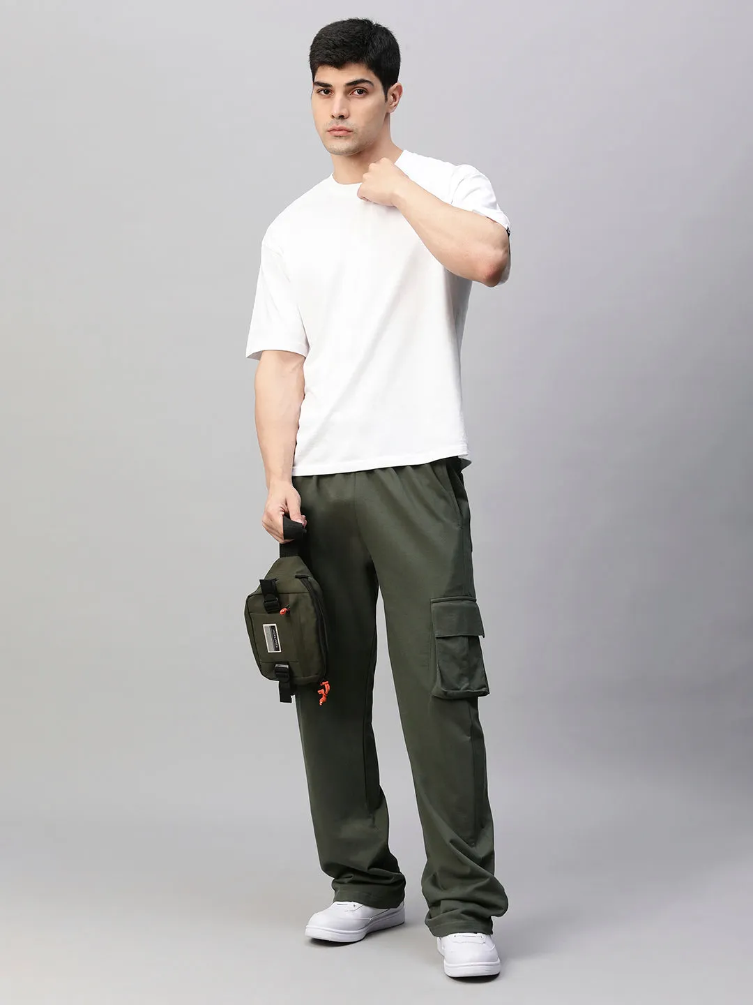 Men Premium Terry Cargo Pants - Olive Green