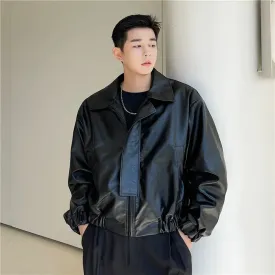 Men's Fashion Chic PU Leather Jacket Loose Lapel Zipper Long Sleeve Black Oversize Short Coat Autumn Winter Chic