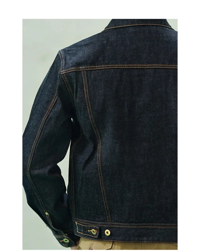 Men's Selvedge Denim Jacket - Heavy Washed Motorcycle Cowboy Coat