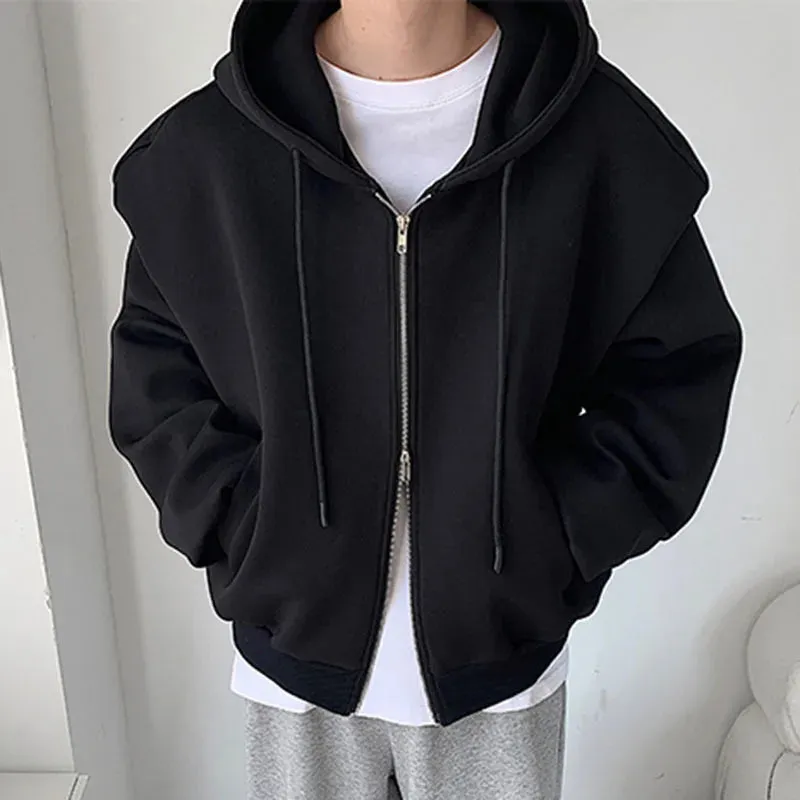 Men's Sweatshirt Jackets Casual Patchwork Double-deck Shoulder Design Solid Color Male Hoodies Spring Stylish 9C4869