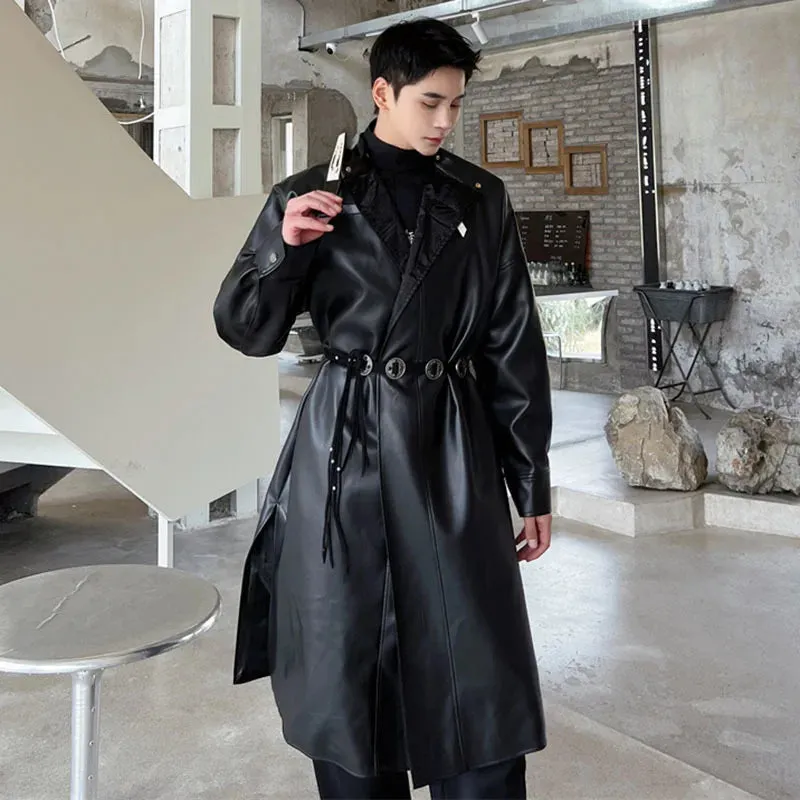 Men's Trench Coat Round Neck PU Leather Windbreaker Fashion Korean Style Over Knee Long Overcoat Trend Loose Autumn 9C2816