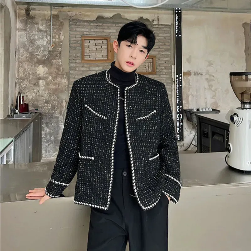 Men's Tweed Cardigan Autumn Winter Trend Collarless Jacket Fashion Korean Style Elgance Coat Personalized 9C2554