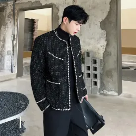 Men's Tweed Cardigan Autumn Winter Trend Collarless Jacket Fashion Korean Style Elgance Coat Personalized 9C2554