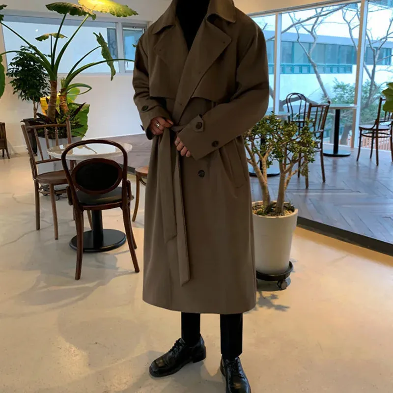 Men's Wear Korean Trend Windbreaker Mid Long Loose Clothes Handsome Male's Autumn Casual Trench Coat With Belt 4312