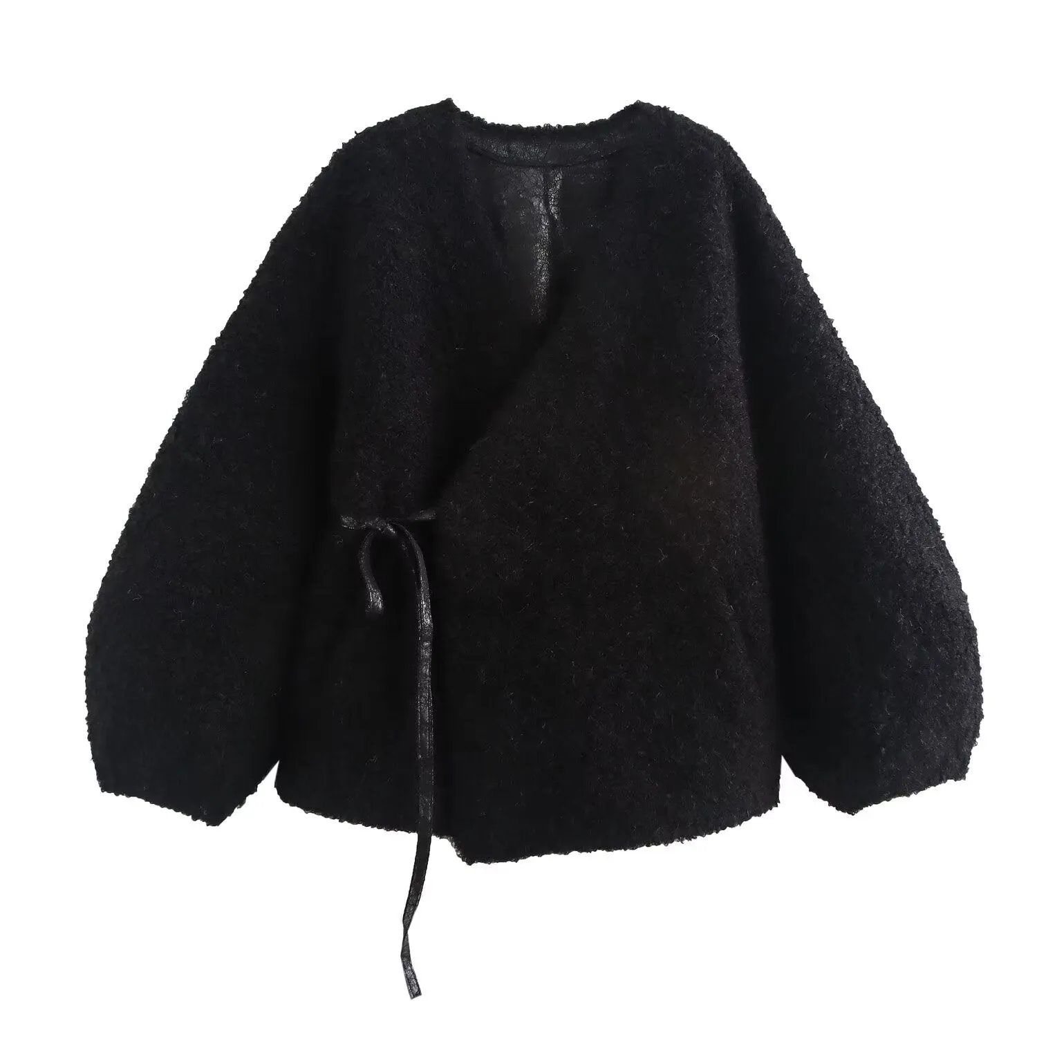 Pre Order: V-Neck Lace-Up Faux Fur Coat