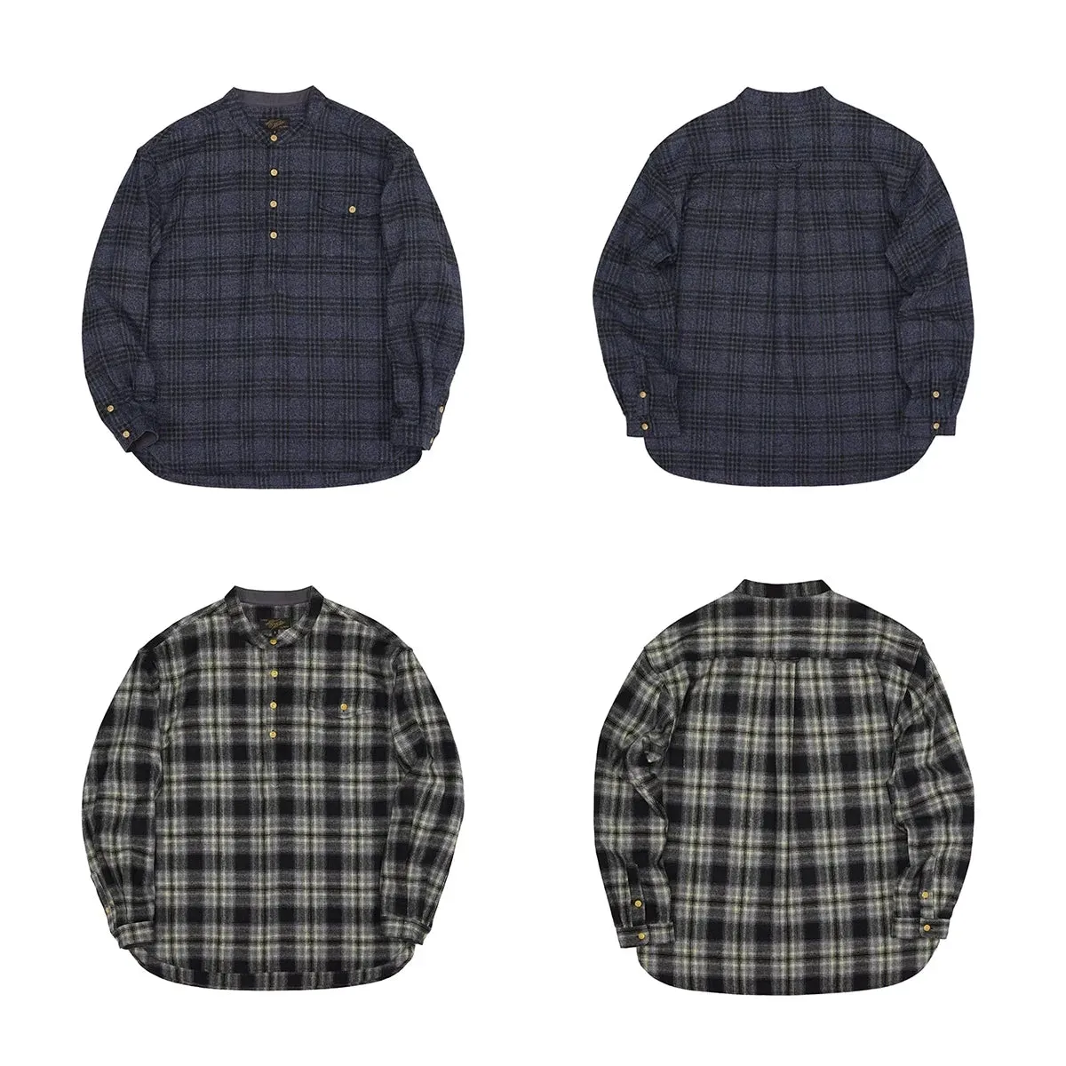 Retro Style Woolen Plaid Pullover Shirt with Band Collar