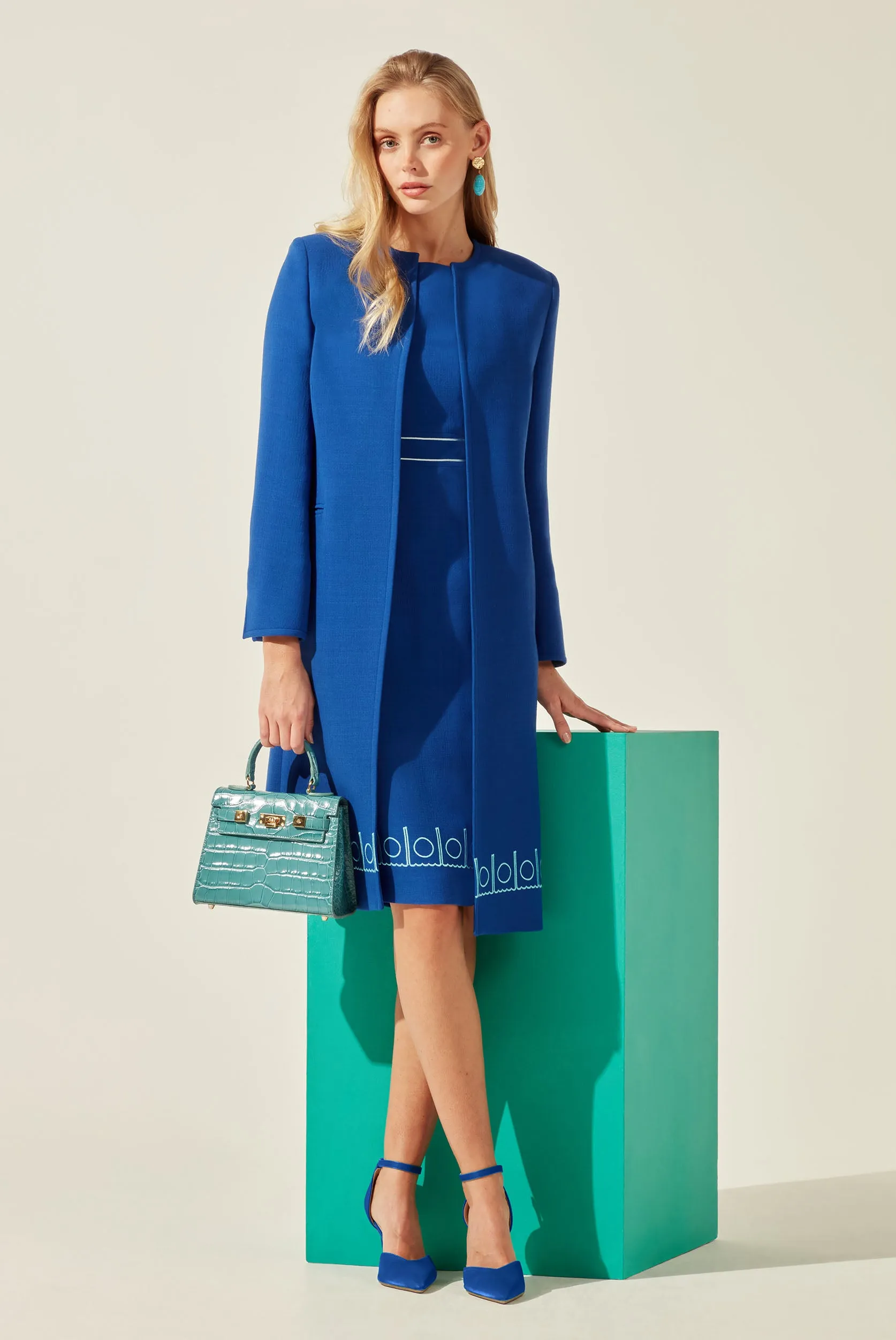 Royal Blue Faille Dress Coat with Turquoise Embroidered Border - Vanya