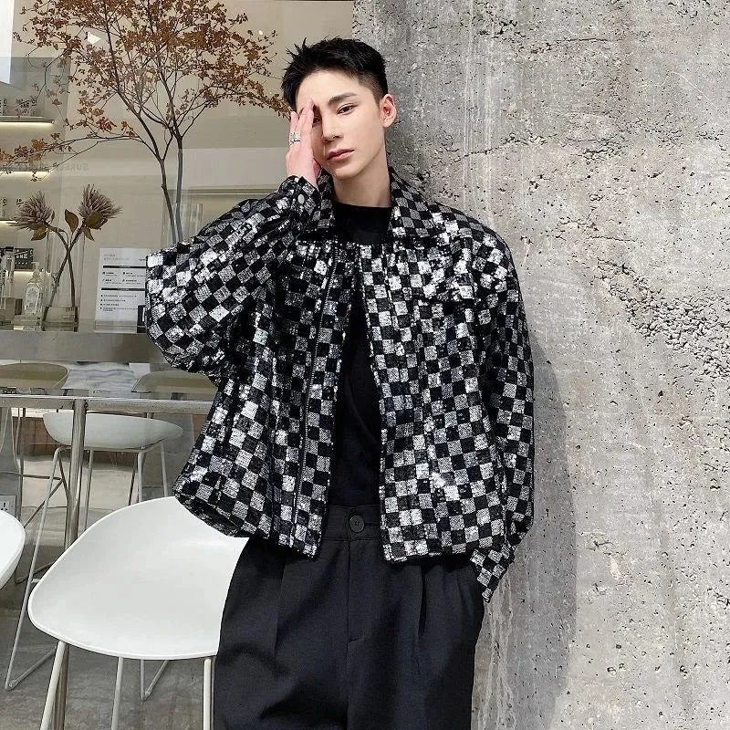 Sequin Embroidered Plaid Short Men's Jacket Chic Design Lapel Zipped Short Coat Autumn Oversized Clothing 9Y9983