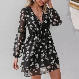 Sexy V-neck Floral Holiday Elegant Stitching Lantern Sleeve Mini Dress