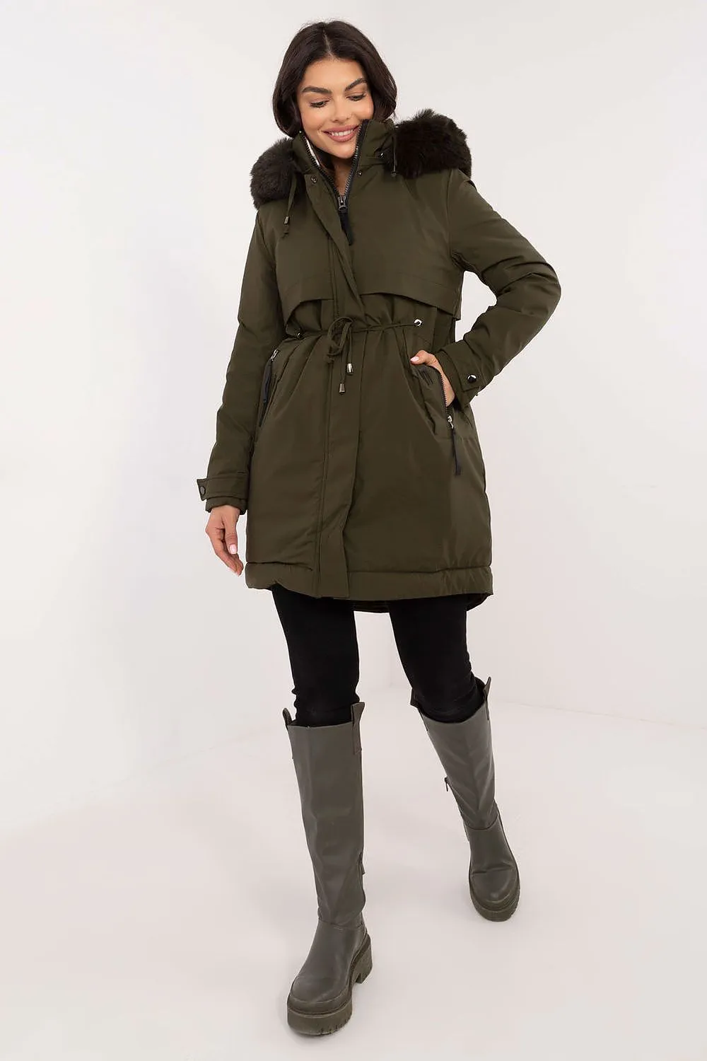 TEEK - Waist Pull Plush Hooded Coat