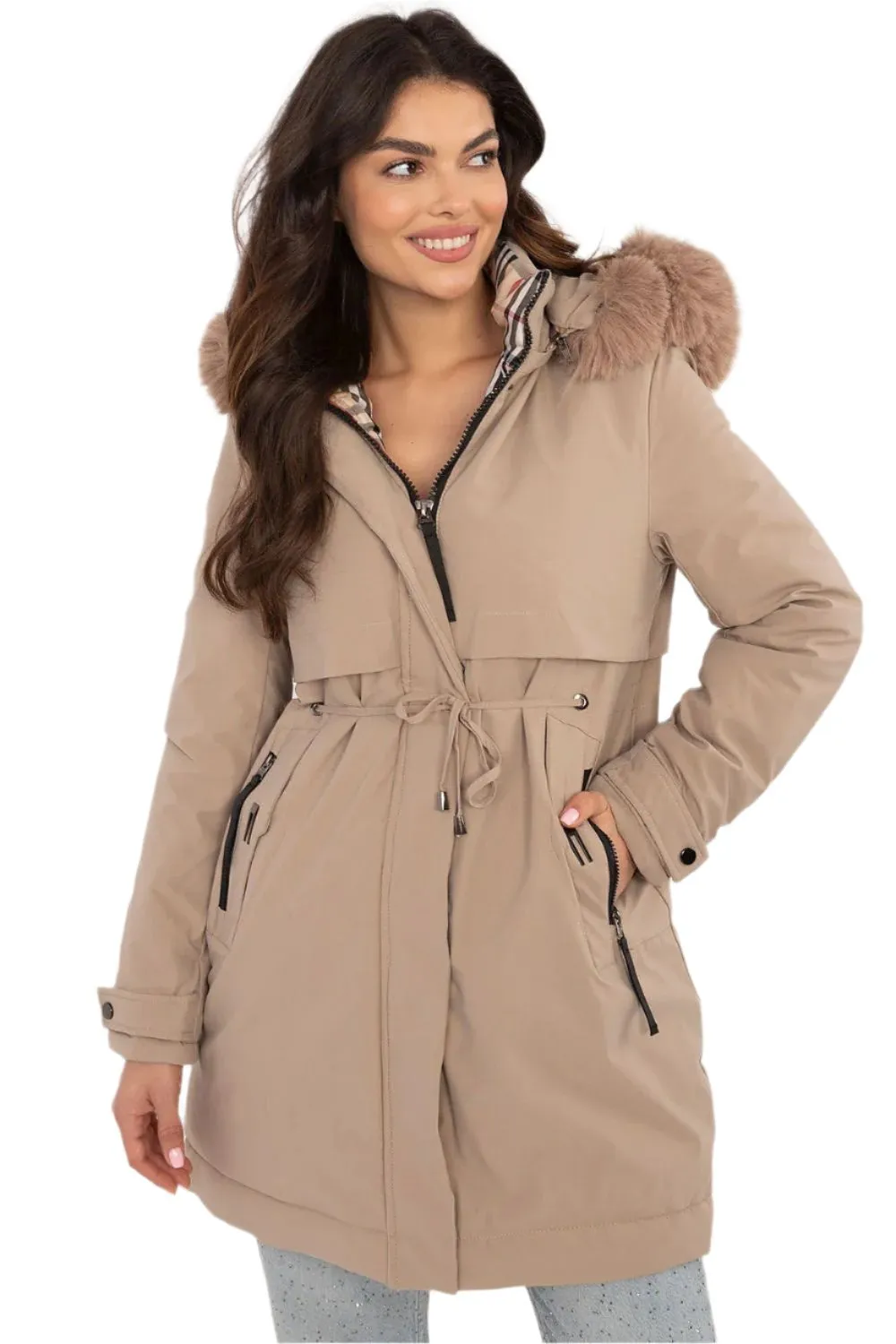 TEEK - Waist Pull Plush Hooded Coat