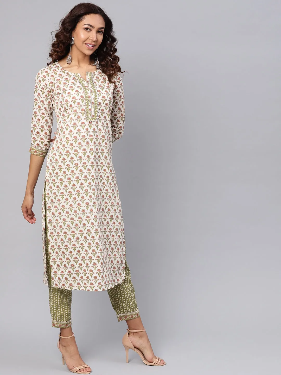 Women Off-White & Green Printed Dupatta Set