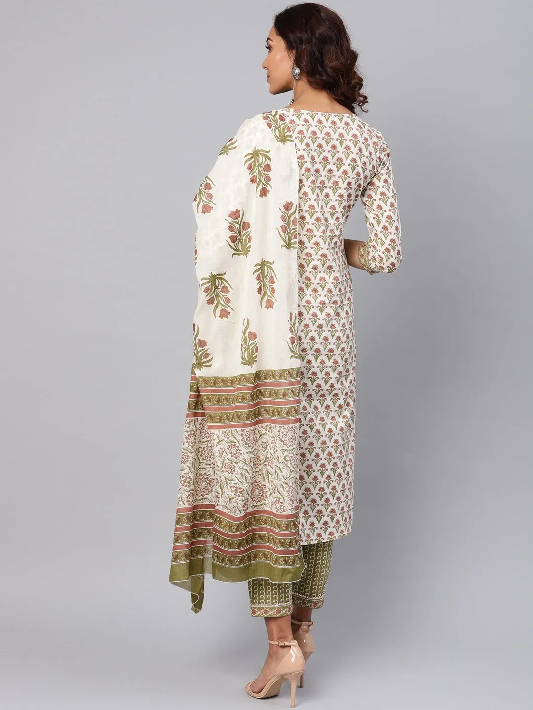 Women Off-White & Green Printed Dupatta Set