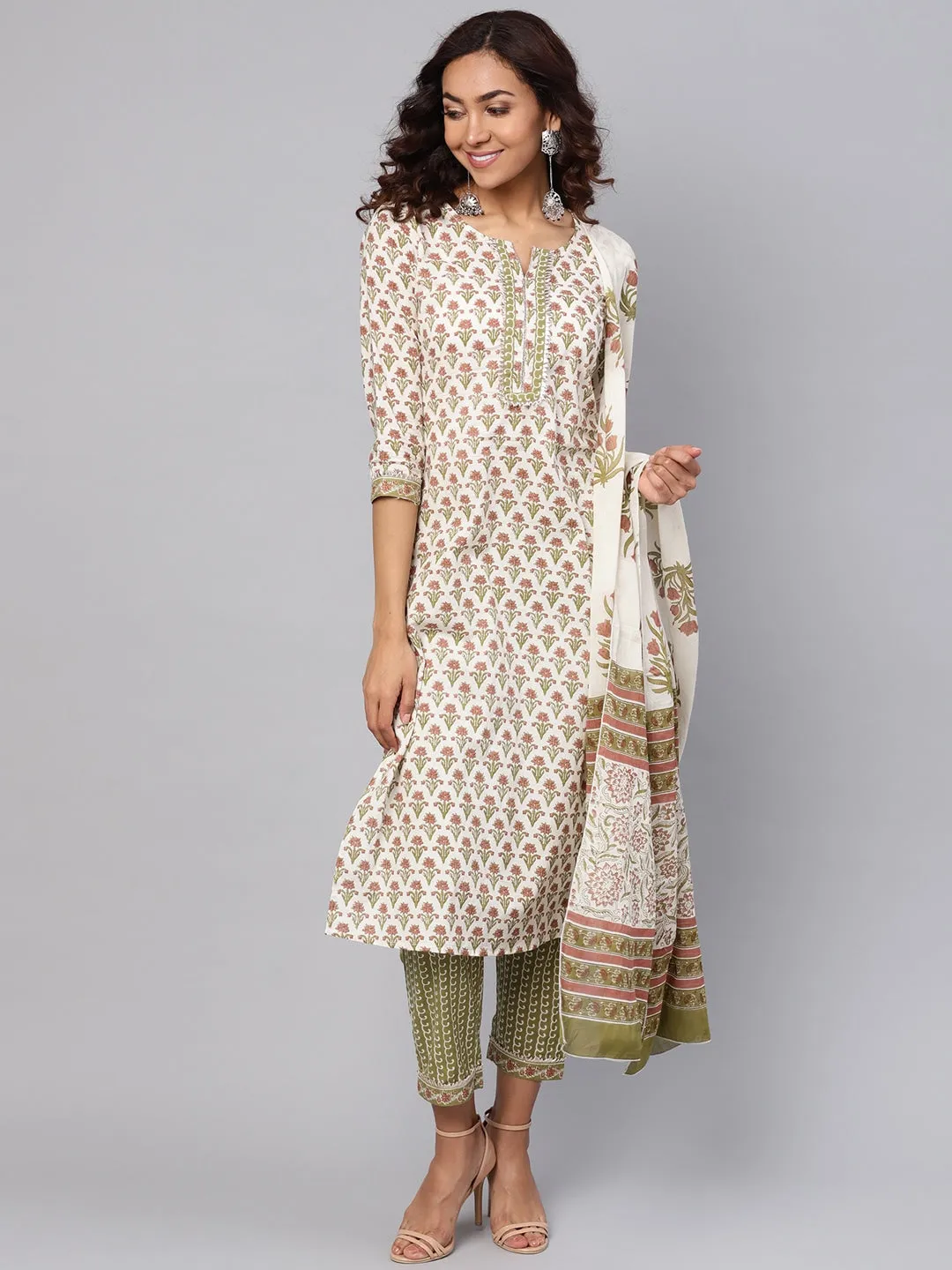 Women Off-White & Green Printed Dupatta Set