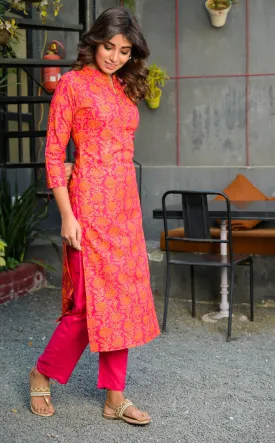 Women Prink And Orange Printed Kurta Set