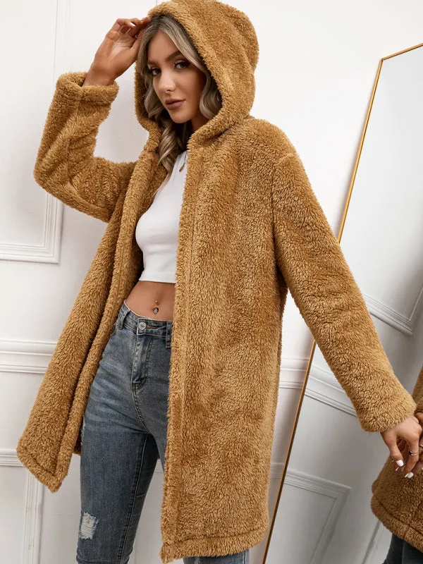 Women's Lamb Fleece Mid Length Cardigan Hooded Trench Coat