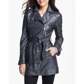 Women's Zip-up Long Asymmetrical Belted Gray Leather Coat